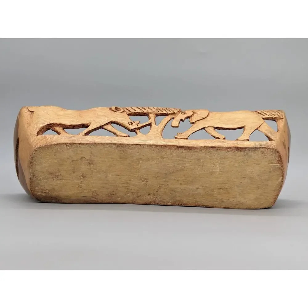 Safari African Hand Carved Wood Fruit Food Decorative Basket 14” Vintage